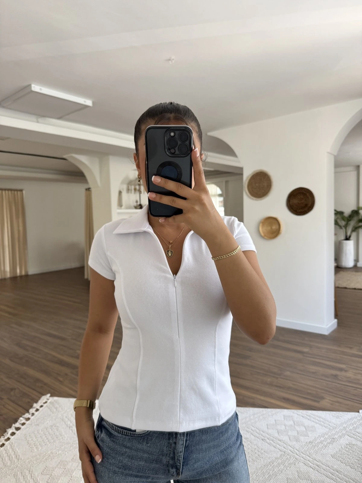 YAKALI GİZLİ FERMUAR ÇIKMA KOL PAMUK TİŞÖRT - BEYAZ - Görsel 1