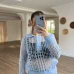 YAKALI TAŞ DÜĞME AJURLU YÜN KARIŞIM TRİKO - MAVİ