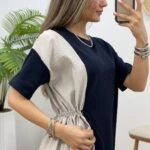 YAN BÜZGÜ 2 RENKLİ DOKUMA ELBİSE - LACİVERT