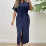 YAN CEP BEL BÜZGÜ YIRTMAÇLI UZUN ELBİSE - LACİVERT