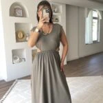 YAN DEKOLTE YIRTMAÇLI DÜŞÜK KOL VİSKON ELBİSE - HAKİ