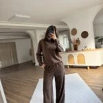 YAN DOKUMA ŞERİT MODAL EŞOFMAN TAKIM - KAHVE