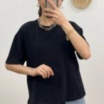 YAN ETEK UCU FİSTO TİŞÖRT - SİYAH