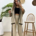 YAN FİLE DETAY GENİŞ PAÇA PANTOLON - TAŞ