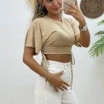 YAN İP BÜZGÜ YARASA KOL CROP TİŞÖRT - BEJ