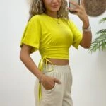 YAN İP BÜZGÜ YARASA KOL CROP TİŞÖRT - LİMON