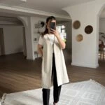 YAN PENCERE DETAY V YAKA UZUN VİSKON KARIŞIM YELEK - TAŞ