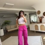 YAN ŞERİT DOKUMA BEL LASTİK PARAŞÜT PANTOLON - FUŞYA