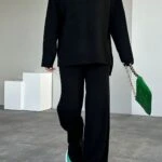 YAN YIRTMAÇ DİK YAKA TRİKO PANTOLON TAKIM - SİYAH