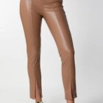 YANDAN FERMUARLI DERİ TAYT PANTOLON - CAMEL