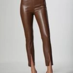 YANDAN FERMUARLI DERİ TAYT PANTOLON - KAHVE