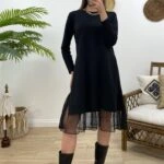 YANI AÇIK TÜL DETAY ELBİSE - SİYAH