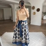 YAPRAK DESEN BEL KUŞAK DETAY MİDİ PAMUK ETEK - LACİVERT