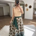 YAPRAK DESEN BEL KUŞAK DETAY MİDİ PAMUK ETEK - YEŞİL