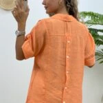 YARI PATLI ARKA DÜĞMELİ YAKALI MODAL BLUZ - ORANGE