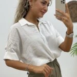 YARI PATLI ARKA DÜĞMELİ YAKALI MODAL BLUZ - EKRU