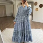 YARI PATLI ÇİZGİ DESEN UZUN PAMUK ELBİSE - LACİVERT