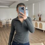 YARI PATLI DİK YAKA VİSKON FİTİLLİ BLUZ - ANTRASİT