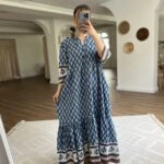 YARI PATLI TRUVAKAR KOL DESENLİ UZUN PAMUK ELBİSE - LACİVERT