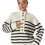 YARIM BALIKÇI DÜĞMELİ ÇİZGİLİ KAZAK - KREM SİYAH