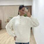 YARIM BALIKÇI PATLI İNCİ DÜĞME KAZAK - EKRU