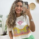 YAZI NAKIŞ RENKLİ DESEN SALAŞ CROP - EKRU