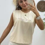 YAZI NAKIŞ SIFIR KOL TİŞÖRT - BEJ