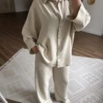 YIRTMAÇ KOL SALAŞ GÖMLEK PANTOLON VİSKON PAMUK TAKIM - NATUREL