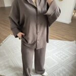 YIRTMAÇ KOL SALAŞ GÖMLEK PANTOLON VİSKON PAMUK TAKIM - KAHVE