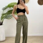 YÜKSEK BEL GENİŞ PAÇA PANTOLON - HAKİ