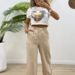 YÜKSEK BEL GENİŞ PAÇA PANTOLON - BEJ