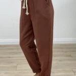 YÜKSEK BEL ÖRGÜ KEMER PAMUK PANTOLON - KAHVE