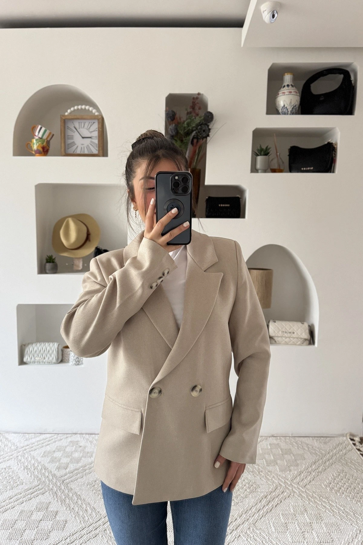 YÜN EFEKT BALIKSIRTI ÇİFT DÜĞME CEKET - TAŞ - Görsel 1