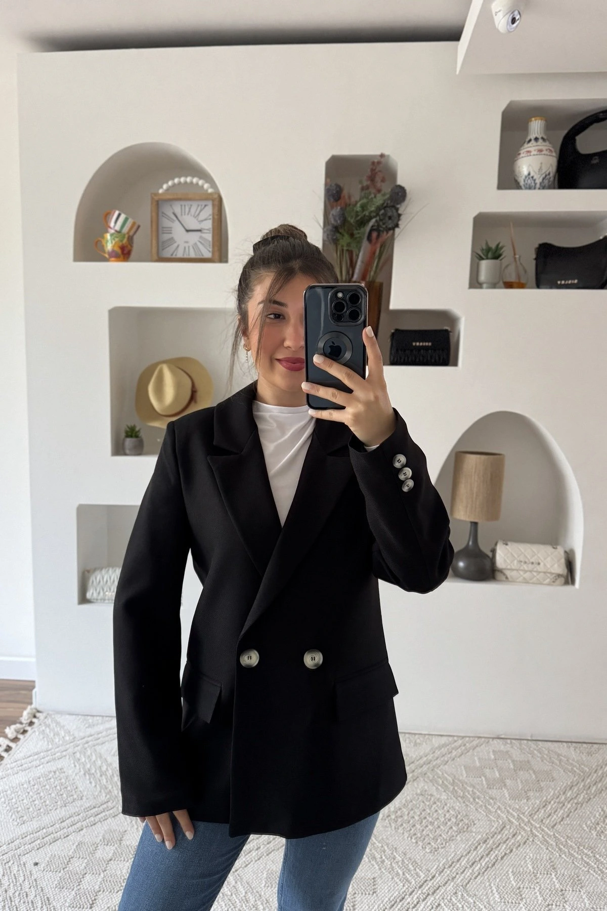 YÜN EFEKT BALIKSIRTI ÇİFT DÜĞME CEKET - SİYAH - Görsel 1