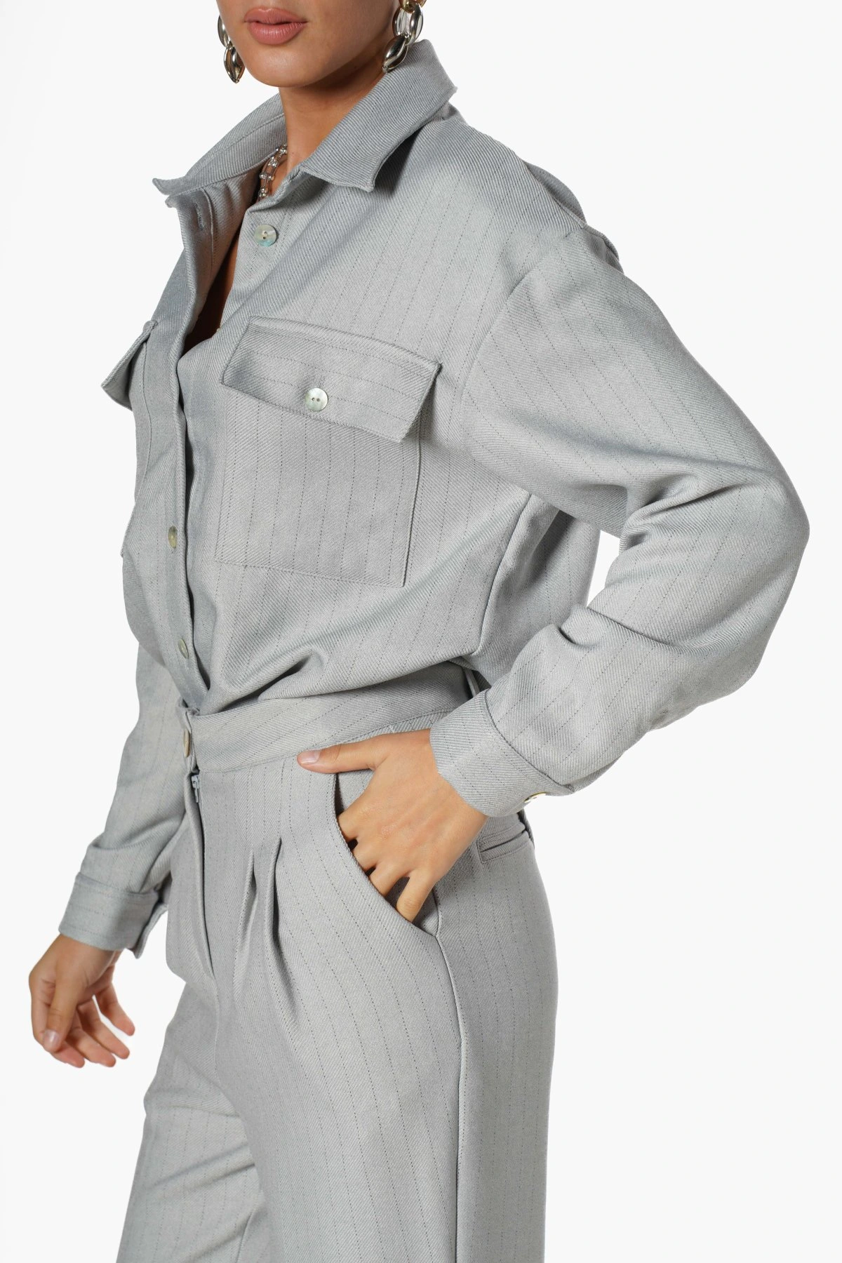 YÜN EFEKT ÇİZGİLİ ÇİFT CEP SALAŞ GÖMLEK - GRİ - Görsel 1