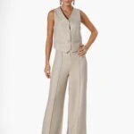 YÜN EFEKT DÜZ BEL ÖN DİKİŞ PALAZZO PANTOLON YELEK TAKIM - TAŞ