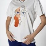 YÜZ BASKI KISA KOL OVERSİZE TİŞÖRT - EKRU