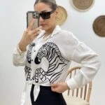 ZEBRA BONCUK BASKI BEL BAĞLAMALI GÖMLEK - EKRU