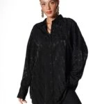 ZİGZAG DESEN SATEN VİSKON SALAŞ GÖMLEK - SİYAH