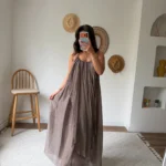 ÖN ARKA PARÇA KUMAŞ BÜZGÜLÜ ASTARLI LYOSEL ELBİSE - BRONZ