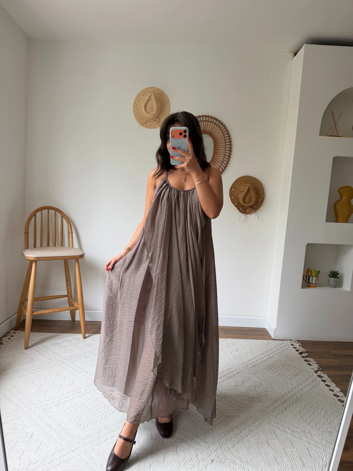 ÖN ARKA PARÇA KUMAŞ BÜZGÜLÜ ASTARLI LYOSEL ELBİSE - BRONZ - Görsel 1
