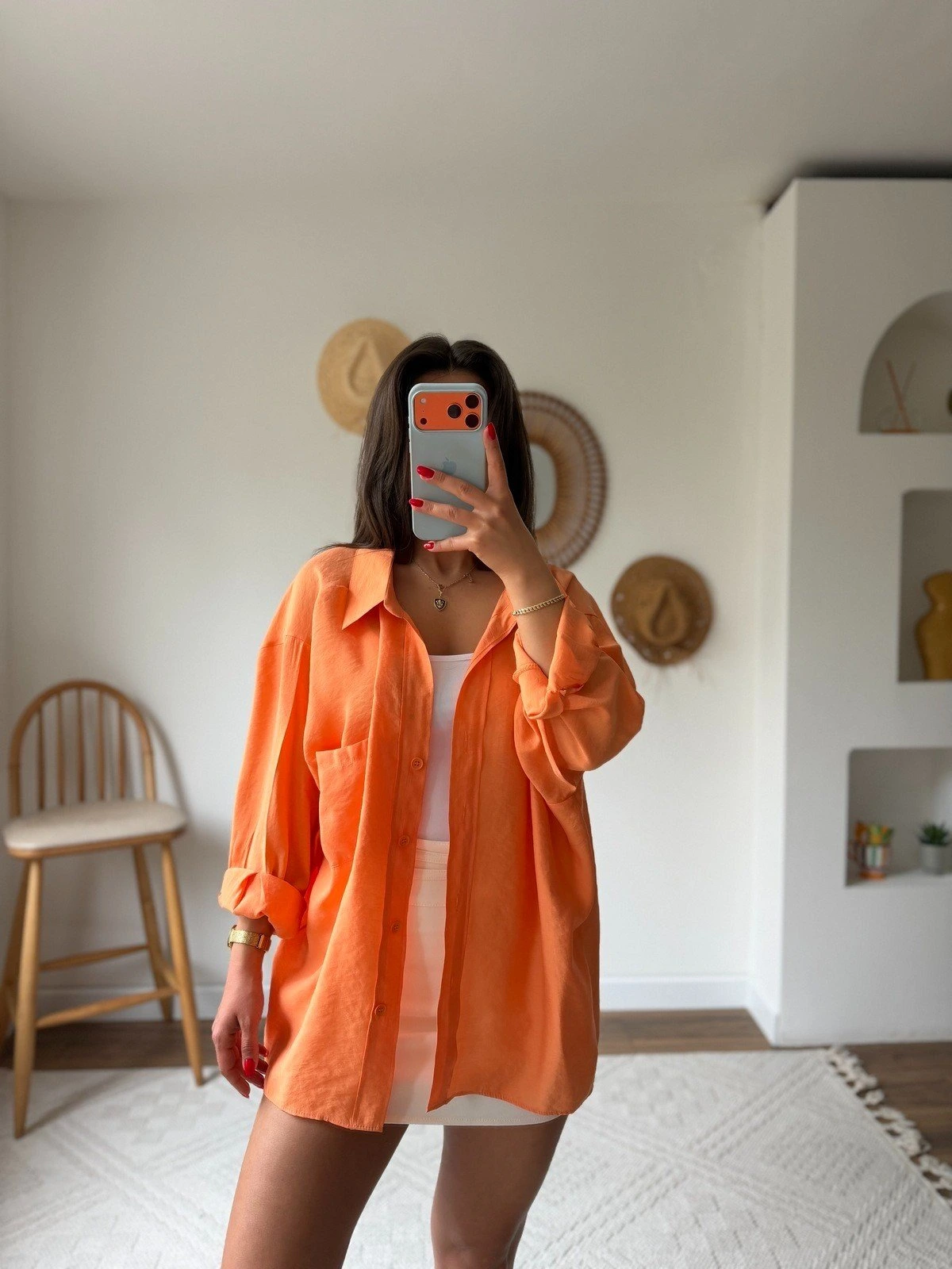 DÜŞÜK OMUZ ARKA A PİLE TEK CEP MODAL SALAŞ GÖMLEK - ORANGE - Görsel 1