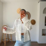 GÖMLEK YAKA DÜĞMELİ KARE DESEN DOKUMA PAMUK HIRKA - EKRU