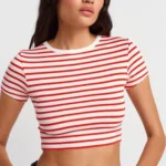 BİSİKLET YAKA ÇİZGİLİ VİSKON CROP - EKRU KIRMIZI