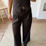 KUMAŞ KEMERLİ ARKA BEL LASTİK GENİŞ PAÇA VİSKON KARIŞIM PANTOLON - KAHVE