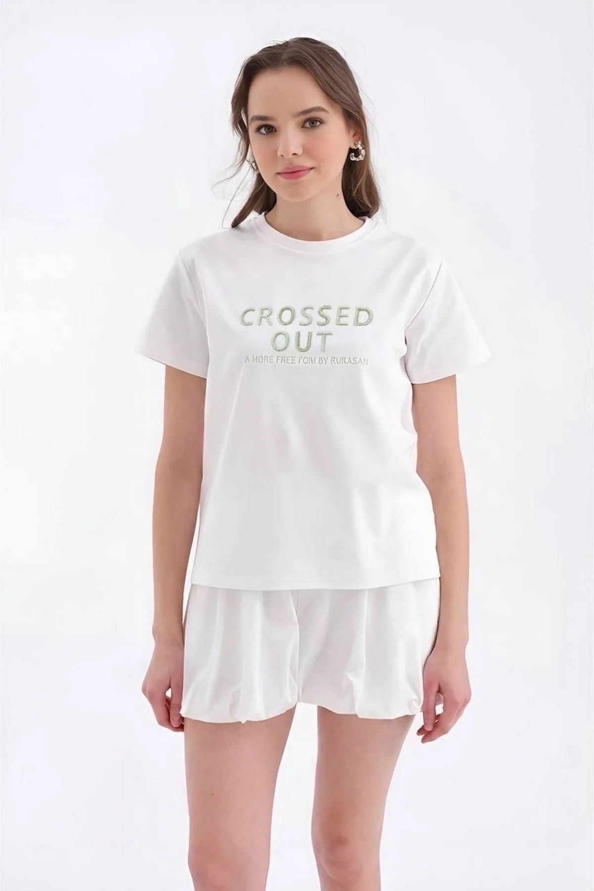 CROSSED OUT BONCUK YAZI NAKIŞ PAMUK TİŞÖRT - BEYAZ - Görsel 1