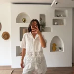 ÖN ASTAR ŞAL DESEN GÖMLEK ETEK UCU ÖRME ASTARLI ŞORT TAKIM - BEYAZ