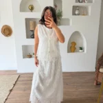 ŞAL DESEN ŞEFFAF PARLAK PUL DETAY ASTARLI YELEK ETEK TAKIM - BEYAZ