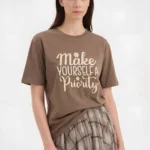 MAKE YOURSELF BONCUK YAZI NAKIŞ PAMUK SALAŞ TİŞÖRT - KAHVE