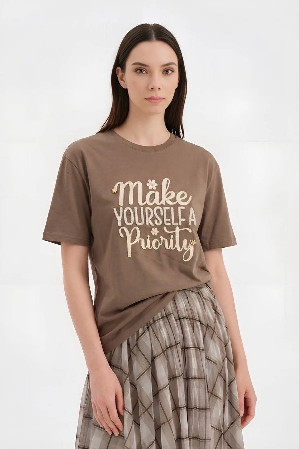 MAKE YOURSELF BONCUK YAZI NAKIŞ PAMUK SALAŞ TİŞÖRT - KAHVE - Görsel 1